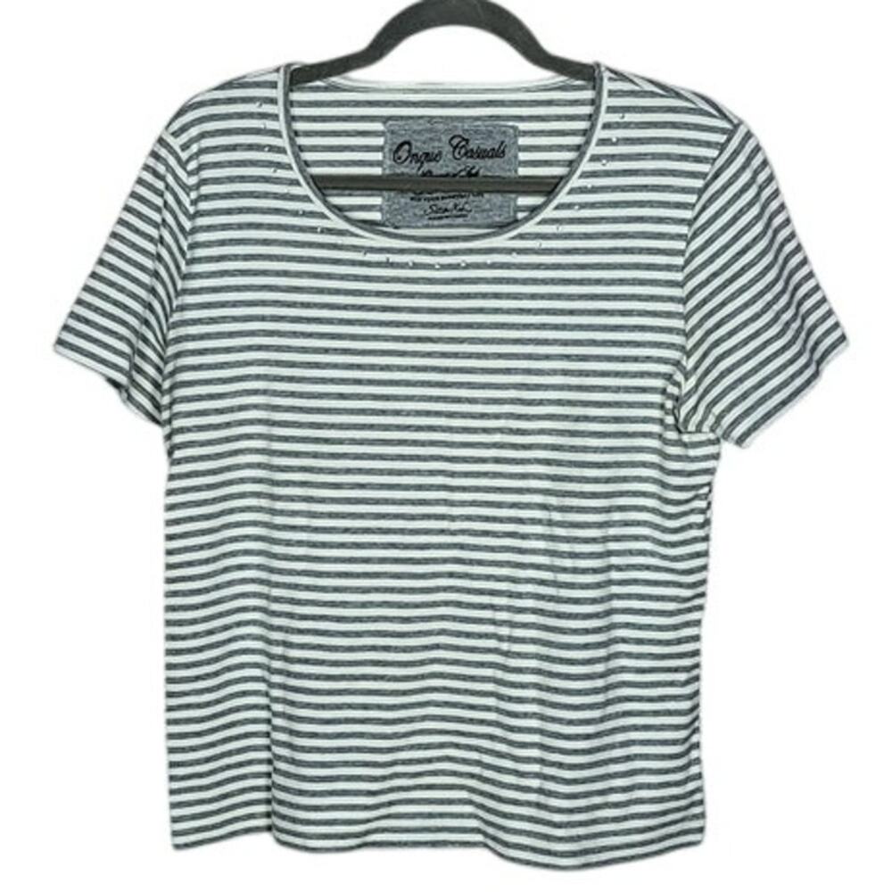Onque Casuals Grey White Striped Rhinestone Neck Tee Shirt Size XL